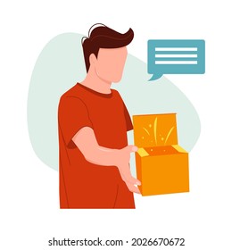 Handsome young man is holding an open box. Gift opening. Vector illustration in flat style.