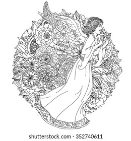 Handsome young man in the image of the an angel on orient floral ornament, Black and white. Zentangle patters.  The best for your design, textiles, posters, coloring book