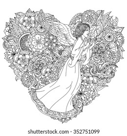Handsome young man in the image of the an angel on orient floral heart shape ornament, Black and white. Zentangle patters.  The best for your design, textiles, posters, coloring book