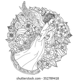 Handsome young man in the image of the an angel on orient floral ornament, Black and white. Zentangle patterns.  
