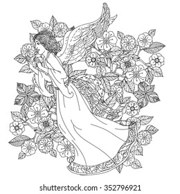 Handsome young man in the image of the an angel on orient floral ornament, Black and white. Zentangle pattern