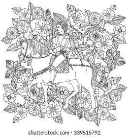 Handsome young man in the image of the prince from a fairy tale, riding on a horse on orient floral black and white  ornament, could be use  for coloring book  in zentangle style. 