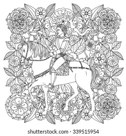 Handsome young man in the image of the prince from a fairy tale, riding on a horse on orient floral black and white  ornament, could be use  for coloring book  in zentangle style. 