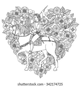 Handsome young man in the image of the prince from a fairy tale, riding on a horse on orient floral black and white  ornament in heart shape, could be use  for coloring book  in zentangle style. 