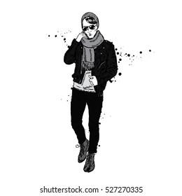 Handsome young man in a leather jacket, hat and scarf. Vector illustration for a card or poster, print on clothes. Fashion & Style.