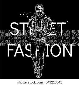 Handsome young man in a leather jacket, hat and scarf. Vector illustration for a card or poster, print on clothes. Fashion & Style.