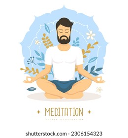 Handsome young man meditation in lotus position with floral elements and mandala. Vector illustration