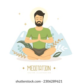 Handsome young man meditation in lotus position with floral elements and mountains. Vector illustration