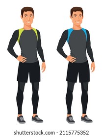 handsome young man in modern sport outfit, ready for his workout. Healthy lifestyle and fitness concept. Cartoon illustration. Isolated on white.