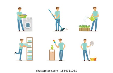 Handsome Young Man Occupied with Household Vector Illustrations