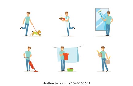 Handsome Young Man Occupied with Household Vector Illustrations