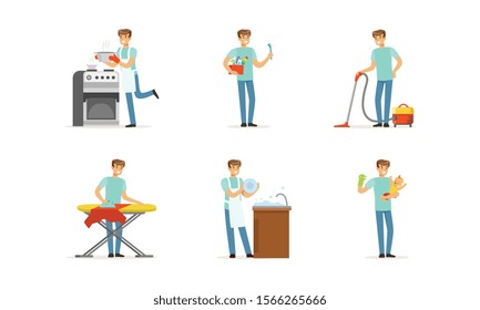 Handsome Young Man Occupied with Household Vector Illustrations