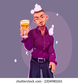 Handsome young man on foam party. Vector cartoon illustration of male character in purple shirt drinks champagne. Portrait of fashion guy holding wine glass