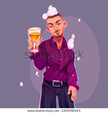 Handsome young man on foam party. Vector cartoon illustration of male character in purple shirt drinks champagne. Portrait of fashion guy holding wine glass
