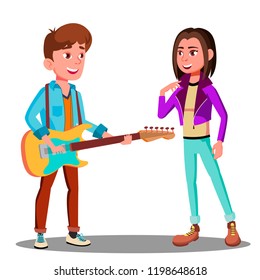 Handsome Young Man Playing Guitar To Beautiful Girl Vector. Isolated Illustration
