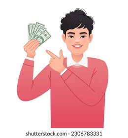 A handsome young man points to the dollar bills in his hand. A white man with money in his hand. A happy businessman. Vector illustration on a white background.