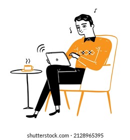 Handsome young man relaxing with music sitting on the sofa using a tablet. Hand drawing vector illustration line art.