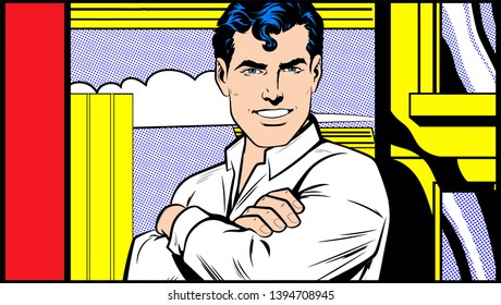 Handsome young man smiling confidently with his arms crossed in front of his chest. Pop Art Colorful Classic Background. Comic Book artwork, hand drawing vector Illustration