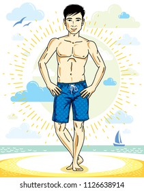 Handsome young man standing on tropical beach in bright shorts. Vector athletic male illustration. Summer vacation lifestyle theme cartoon.