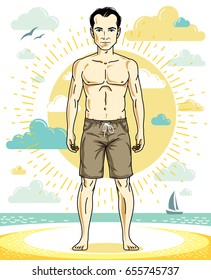 Handsome young man standing on tropical beach in bright shorts. Vector athletic male illustration. Summer vacation lifestyle theme cartoon.