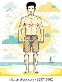 Handsome young man standing on tropical beach in bright shorts. Vector athletic male illustration. Summer vacation lifestyle theme cartoon.