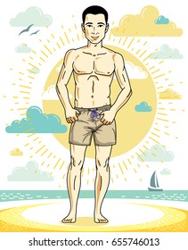 Handsome young man standing on tropical beach in bright shorts. Vector athletic male illustration. Summer vacation lifestyle theme cartoon.
