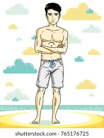 Handsome young man standing on tropical beach in bright shorts. Vector athletic male illustration. Summer vacation lifestyle theme cartoon.