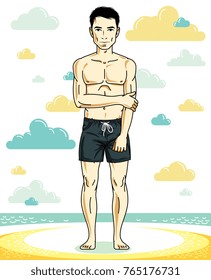 Handsome young man standing on tropical beach in bright shorts. Vector athletic male illustration. Summer vacation lifestyle theme cartoon.