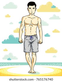 Handsome young man standing on tropical beach in bright shorts. Vector athletic male illustration. Summer vacation lifestyle theme cartoon.