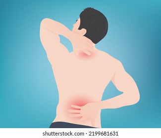 Un guapo joven que sufre de dolor de espalda y cuello y problemas de salud. Musculoesquelético. Ilustración vectorial del concepto de salud.