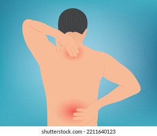 A handsome young man suffering from back and neck pain and health problems. Musculoskeletal. Healthcare concept vector illustration.