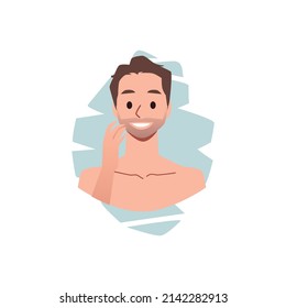 Handsome young man takes care of his face. Cartoon character front portrait in flat vector illustration isolated on white background. Skin care, cleaning, hygiene, beauty treatments