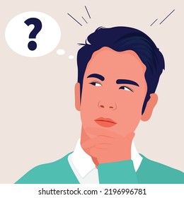 Handsome young man thinking, there is a question mark in his mind. Vector illustration, thinking, idea, solution.