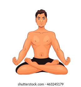handsome young man in various poses of yoga, cartoon style vector illustration isolated on white background. Fit and strong young man doing yoga, collection of asanas, healthy lifestyle