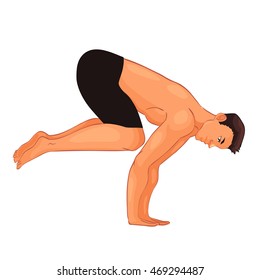 handsome young man in various poses of yoga, cartoon style vector illustration isolated on white background. Fit and strong young man doing yoga, collection of asanas, healthy lifestyle