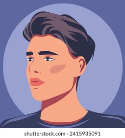 Handsome young man vector avatar icon for social network. Sideways pose portrait. Vector flat illustration on blue background. Simple style