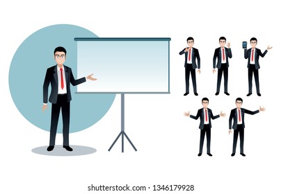 Handsome young man vector character with different poses. Business man presenting his job with body language concept illustration in vector modern style. 