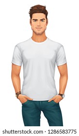 Handsome Young Man Wearing a Blank White T-shirt and Blue Jeans – Vector Mockup.