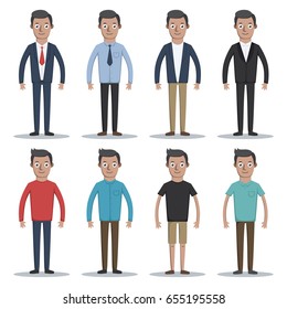 Handsome young man wearing different clothes set. Business style and casual style. Student, manager, hipster.