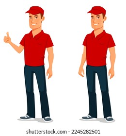 handsome young man wearing a red t-shirt and cap, smiling and giving thumbs up. Worker in company uniform, ready to assist customers. Cartoon character, isolated on white.