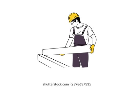 Handsome young man working in a carpentry workshop Flat vector illustration
