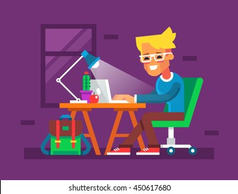 Handsome young man is working on his laptop. The blogger sitting at the table and typing something on notebook. Creative colorful illustration in flat design.