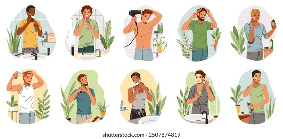 Handsome young men doing beauty procedures flat color vector icon set. Male beauty care routine after shower illustration pack on white background