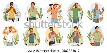Handsome young men doing beauty procedures flat color vector icon set. Male beauty care routine after shower illustration pack on white background