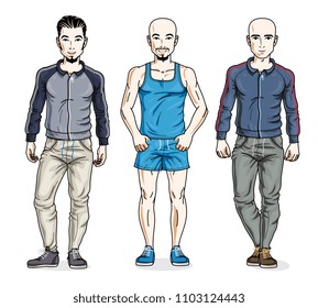 Handsome young men group standing wearing stylish sport clothes. Vector different people characters set.