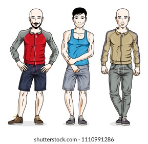 Handsome young men group standing wearing stylish sport clothes. Vector different people characters set.