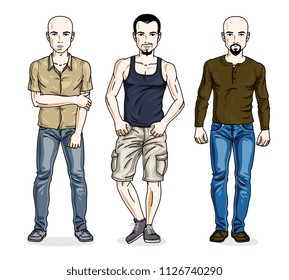 Handsome young men group standing wearing casual clothes. Vector people illustrations set.
