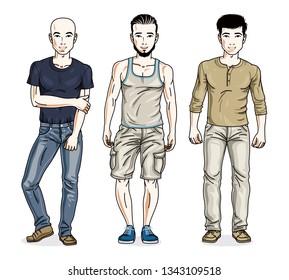 Handsome young men group standing wearing casual clothes. Vector people illustrations set.