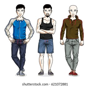Handsome young men group standing in stylish sportswear. Vector different people characters set.