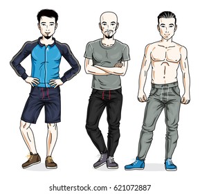 Handsome young men group standing in stylish sportswear. Vector different people characters set.